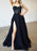 Stunning Strapless Ruffle Layered Blue/Black Lace Long Prom Dresses with High Slit, Blue/Black Lace Tulle Formal Evening Dresses 