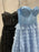 Stunning Strapless Ruffle Layered Blue/Black Lace Long Prom Dresses with High Slit, Blue/Black Lace Tulle Formal Evening Dresses 