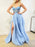 Stunning Strapless Ruffle Layered Blue/Black Lace Long Prom Dresses with High Slit, Blue/Black Lace Tulle Formal Evening Dresses 