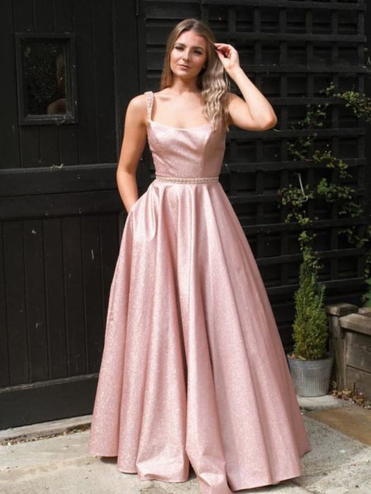 Stylish A Line Floor Length Pink Long Prom Dresses with Straps, Shiny Pink Formal Evening Dresses