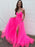 Stylish A Line V Neck Hot Pink Long Prom Dresses with High Slit, V Neck Hot Pink Formal Dresses, Hot Pink Evening Dresses