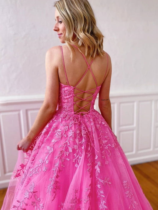 Stylish Backless Pink Lace Long Prom Dresses, Pink Lace Formal Graduation Evening Dresses