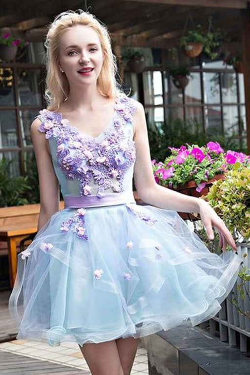 Stylish Light Blue Tulle Short Homecoming with Lilac Appliques Sweet 16 Dress - Prom Dresses