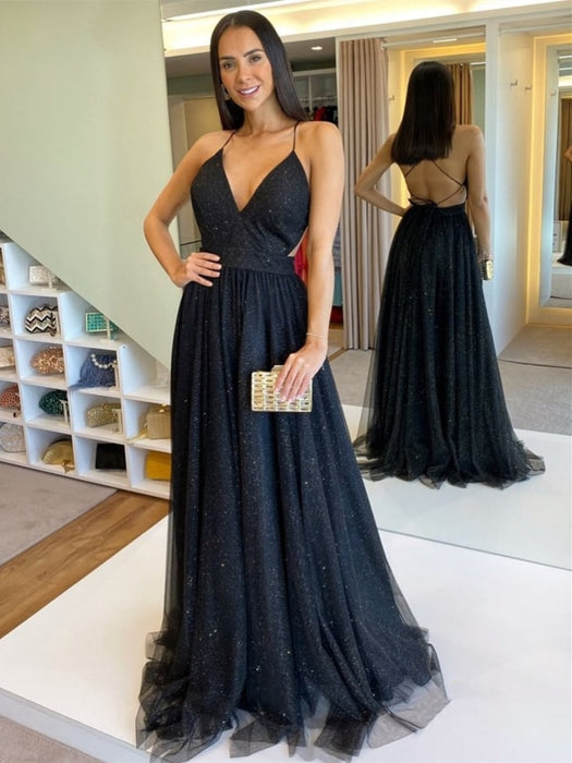 Stylish V Neck Backless Black Long Prom Dresses, Shiny Backless Black Formal Graduation Evening Dresses