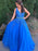 Stylish V Neck Backless Blue Lace Long Prom Dresses 2020 with Belt, Backless Blue Lace Formal Dresses, Blue Lace Evening Dresses