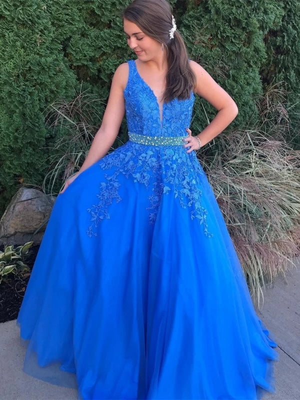 Stylish V Neck Backless Blue Lace Long Prom Dresses 2020 with Belt, Backless Blue Lace Formal Dresses, Blue Lace Evening Dresses