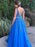 Stylish V Neck Backless Blue Lace Long Prom Dresses 2020 with Belt, Backless Blue Lace Formal Dresses, Blue Lace Evening Dresses