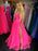 Stylish V Neck Backless Hot Pink Prom Dresses 2020, Leg Slit Open Back Hot Pink Formal Dresses, Backless Hot Pink Evening Dresses