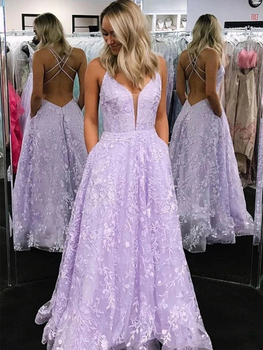A Line V Neck Beaded Purple Lace Long Prom Dresses, Lilac Lace