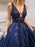 Stylish V Neck Beaded Navy Blue Lace Prom Dresses, Navy Blue Lace Formal Dresses, Navy Blue Evening Dresses