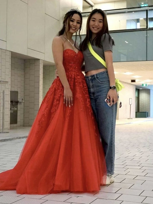 Sweetheart Neck Beaded Red Lace Long Prom Dresses, Strapless Red Formal Evening Dresses, Red Lace Ball Gown 