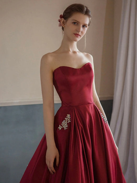 Sweetheart Neck Burgundy Satin Long Prom Dresses with Pocket, Long Burgundy Formal Graduation Evening Dresses 