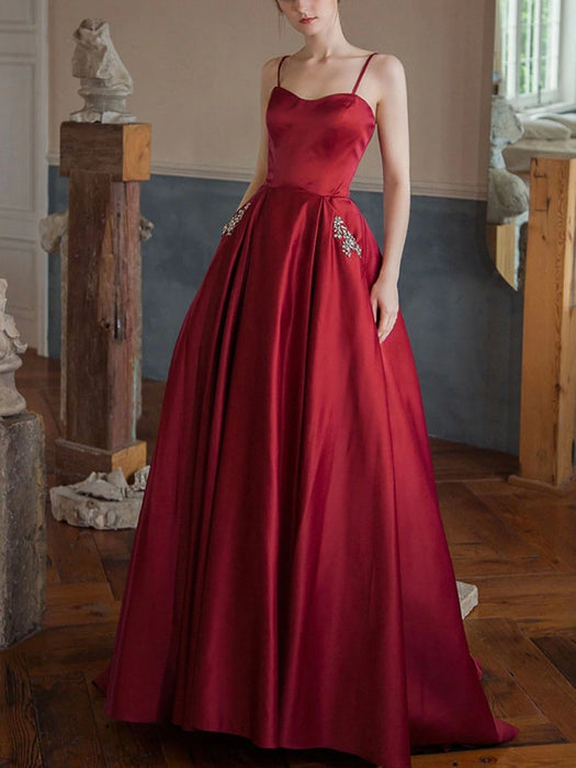 Sweetheart Neck Burgundy Satin Long Prom Dresses with Pocket, Long Burgundy Formal Graduation Evening Dresses 