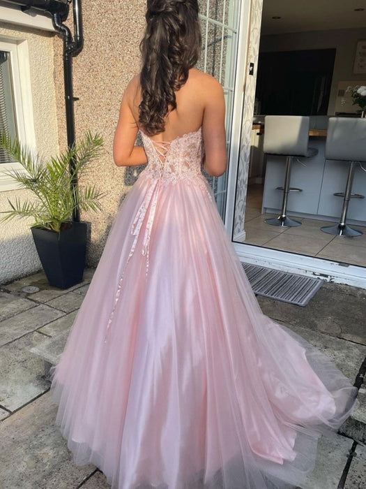 Sweetheart Neck Open Back Pink Lace Long Prom Dresses, Pink Lace Formal Dresses, Pink Evening Dresses 