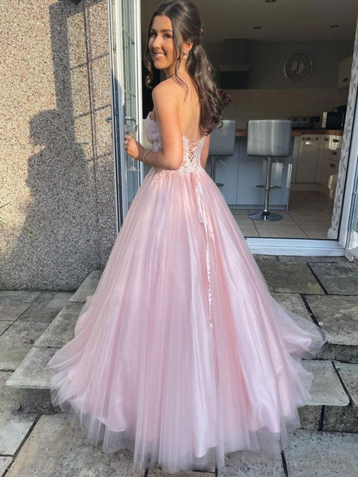 Sweetheart Neck Open Back Pink Lace Long Prom Dresses, Pink Lace Formal Dresses, Pink Evening Dresses 