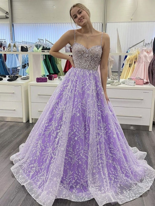 Sweetheart Neck Open Back Purple Lace Long Prom Dresses, Purple Lace Formal Dresses, Purple Evening Dresses 