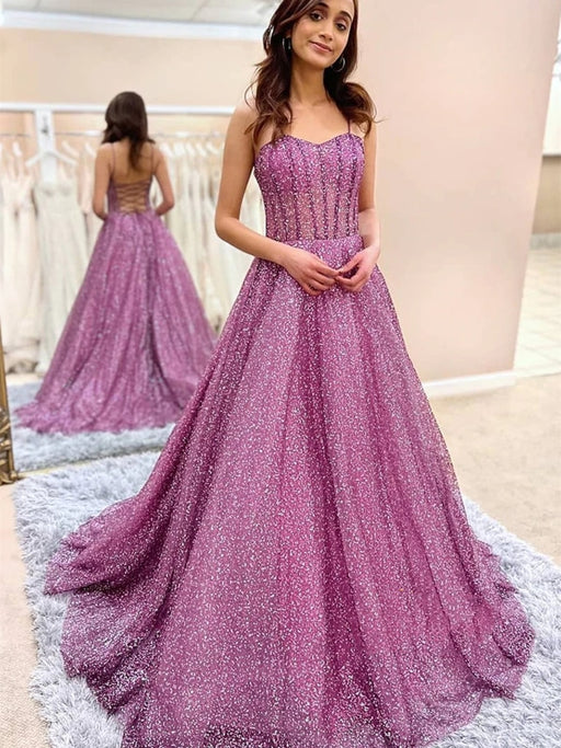 Sweetheart Neck Open Back Purple Tulle Long Prom Dresses, y Purple Formal Evening Dresses 