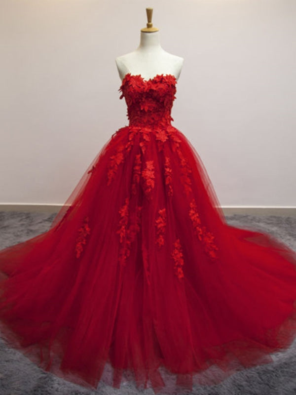 Sweetheart Neck Red Lace Appliques Long Prom Dresses, Red Lace Formal Dresses, Red Evening Dresses