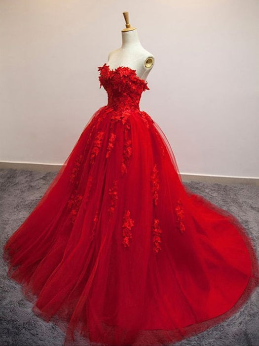 Sweetheart Neck Red Lace Appliques Long Prom Dresses, Red Lace Formal Dresses, Red Evening Dresses