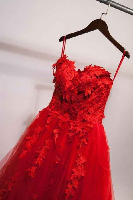 Sweetheart Neck Red Lace Appliques Long Prom Dresses, Red Lace Formal Dresses, Red Evening Dresses