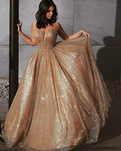 Sweetheart Neck tti Straps Backless y Gold Sequins Prom Dresses, Golden Ball Gown, Formal Dresses, Evening Dresses