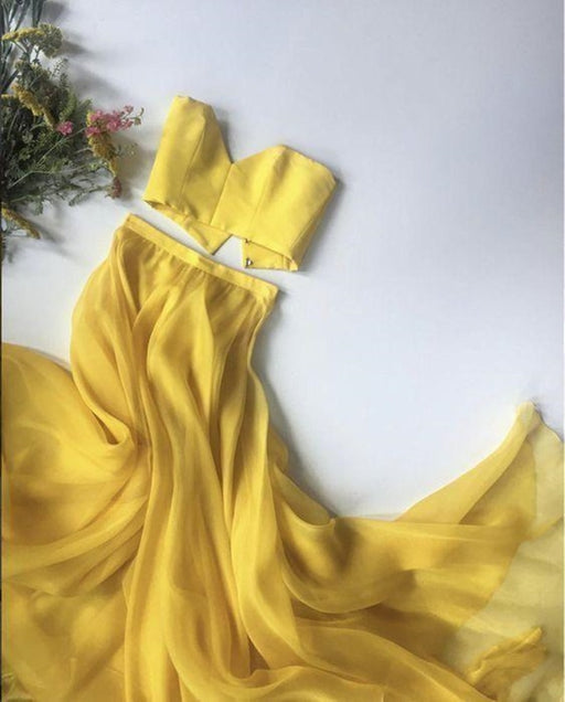 Sweetheart Neck Two Pieces Yellow Long Prom Dresses, 2 Pieces Yellow Formal Evening Dresses