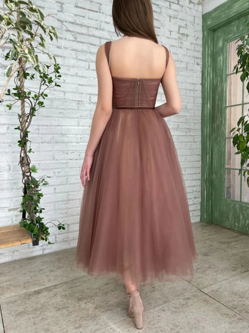 Elegant Retro Brown Tea Length Tulle Prom Dress, Puffy Homecoming Dres –  shopluu