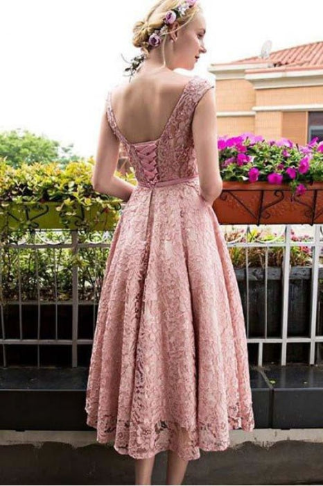 Tea Length Pink Cap Sleeves Party with Bowknot A Line Homecoming Dress - Prom Dresses