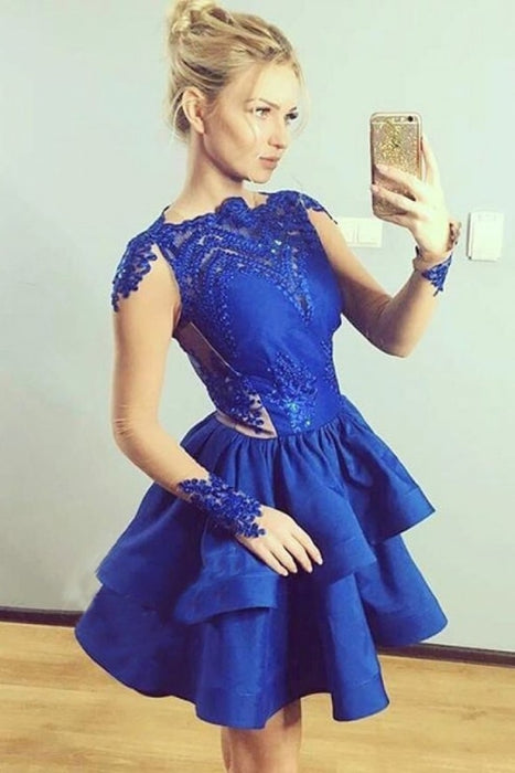 Tiered Long Sleeves Royal Blue Satin Homecoming with Appliques Mini Prom Dress - Prom Dresses