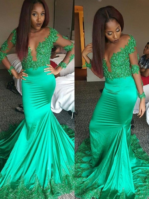 Trumpet/Mermaid Long Sleeves V-neck Satin Lace Sweep/Brush Train Dresses - Prom Dresses