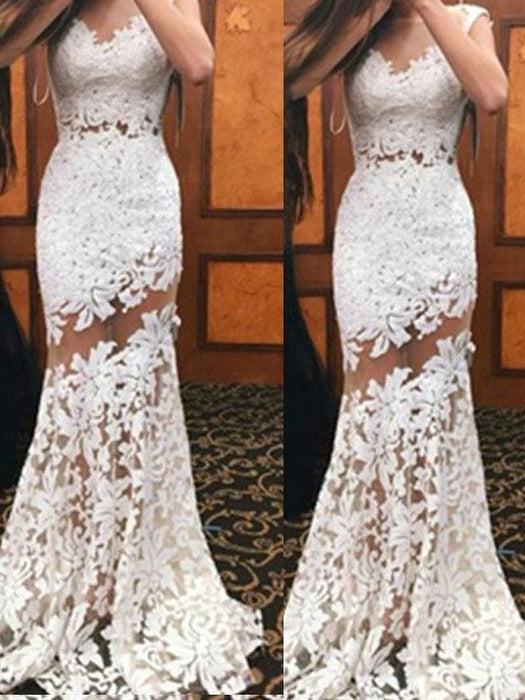 Trumpet/Mermaid Scoop Sleeveless Sweep/Brush Train Lace Dresses - Prom Dresses