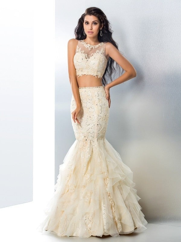 Trumpet/Mermaid Sheer Neck Beading Sleeveless Long Tulle Two Piece Dresses - Prom Dresses