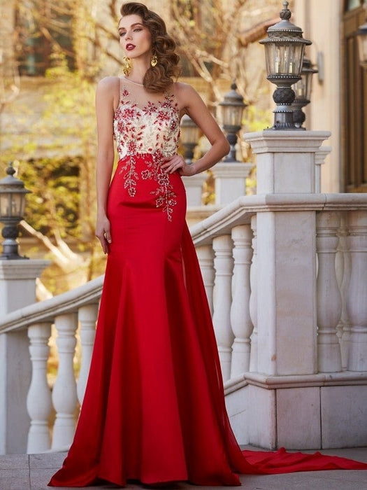 Trumpet/Mermaid Sheer Neck Sleeveless Court Train Applique Stain Dresses - Prom Dresses