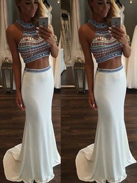 Trumpet/Mermaid Sleeveless Halter Beading Sweep/Brush Train Spandex Two Piece Dresses - Prom Dresses