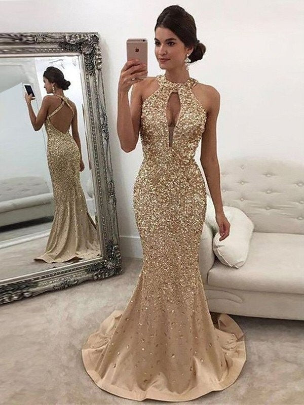 Trumpet/Mermaid Sleeveless Halter Sequin Sweep/Brush Train Satin Dresses - Prom Dresses