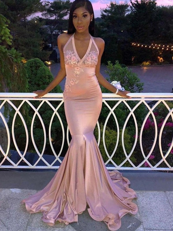 Trumpet/Mermaid Sleeveless Halter Sweep/Brush Train Applique Elastic Woven Satin Dresses - Prom Dresses