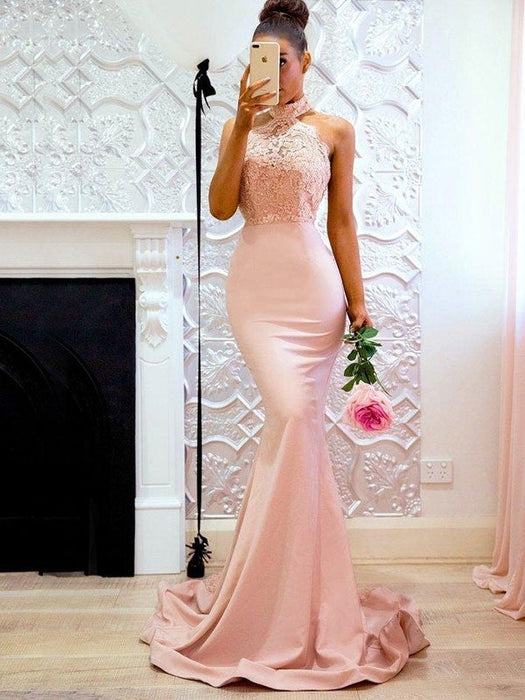 Trumpet/Mermaid Sleeveless Halter Sweep/Brush Train Lace Charmeuse Dresses - Prom Dresses