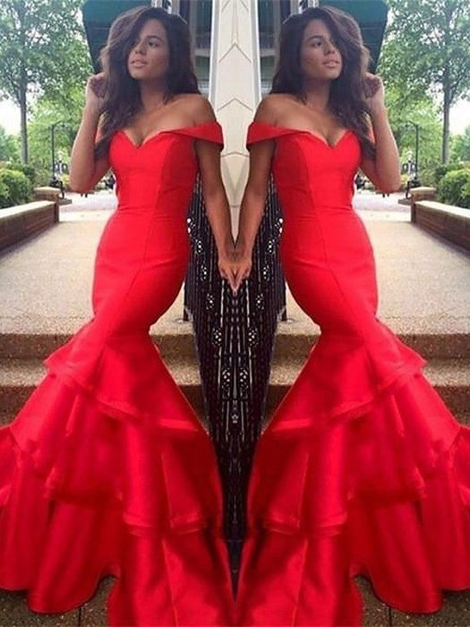 Trumpet/Mermaid Sleeveless Off-the-Shoulder Satin Layers Sweep/Brush Train Dresses - Prom Dresses