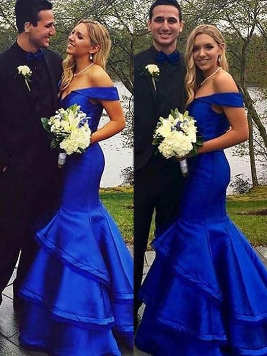 Trumpet/Mermaid Sleeveless Off-the-Shoulder Satin Layers Sweep/Brush Train Dresses - Prom Dresses