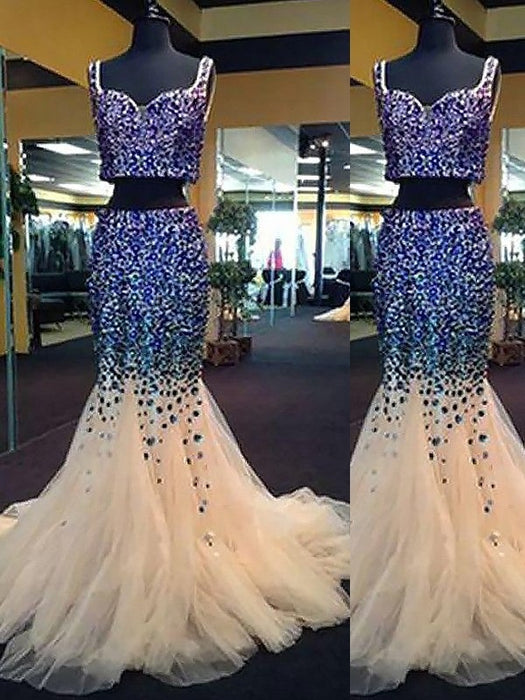 Trumpet/Mermaid Sweetheart Sleeveless Tulle Beading Sweep/Brush Train Two Piece Dresses - Prom Dresses