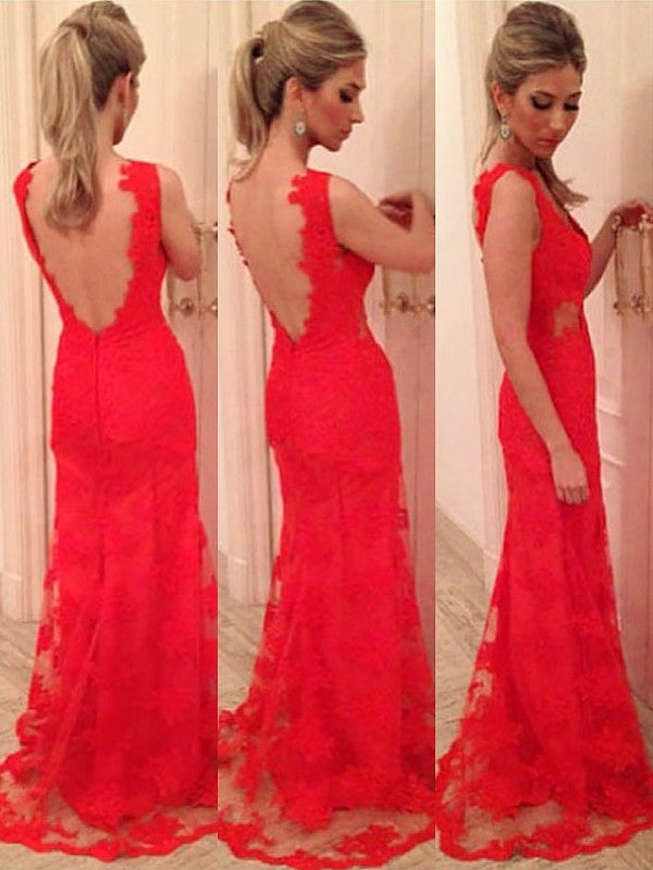 Trumpet/Mermaid V-neck Applique Sleeveless Lace Backless Floor-length Dress - Prom Dresses