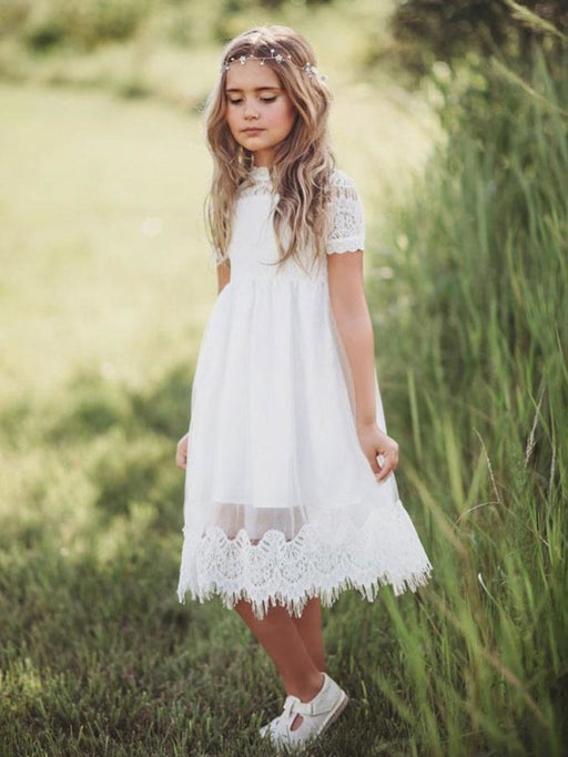 Flower Girl Dresses Tulle Jewel Neck Short Sleeves Knee Length A Line Kids Party Dresses