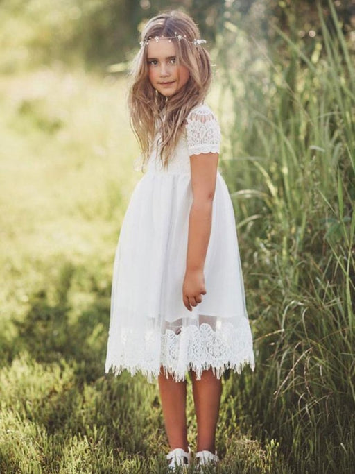 Flower Girl Dresses Tulle Jewel Neck Short Sleeves Knee Length A Line Kids Party Dresses