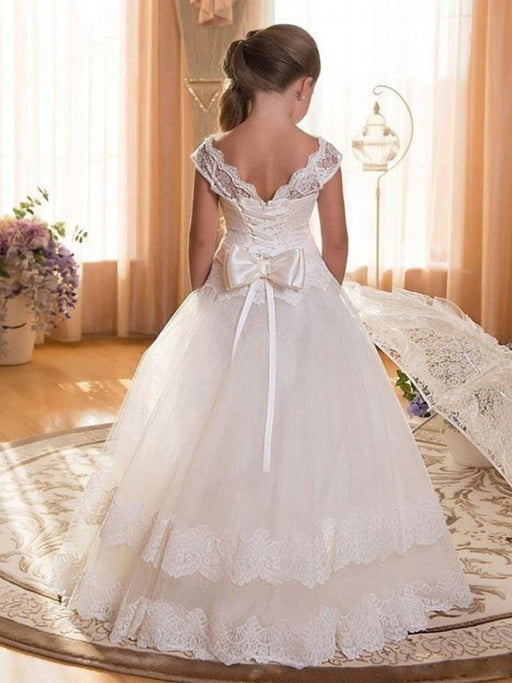 Flower Girl Dresses Jewel Neck Tulle Short Sleeves Floor Length Princess Silhouette Bows Kids Formal Pageant Dresses