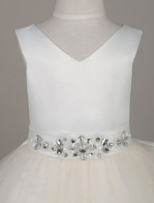 Flower Girl Dresses Tulle Satin V Neck Tutu Dress Ivory Beading Waist Sleeveless A Line Dinner Dress With Sash