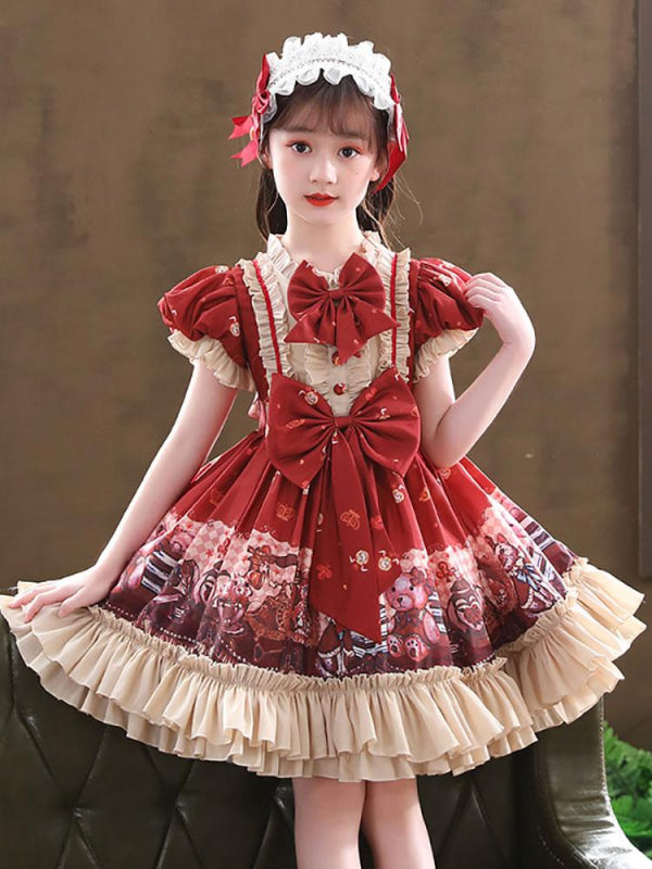 Flower Girl Dresses Designed Neckline Tulle Short Sleeves Knee-Length A-Line Bows Red Kids Party Dresses