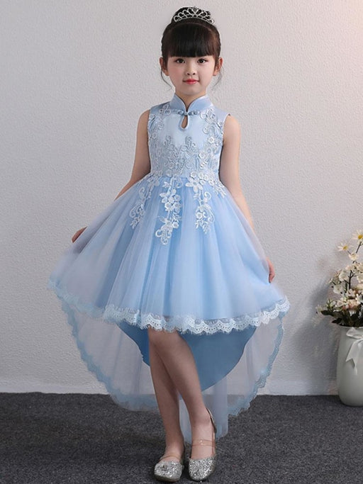 Flower Girl Dresses Designed Neckline Tulle Sleeveless Knee Length High Low Princess Silhouette Embroidered Kids Party Dresses