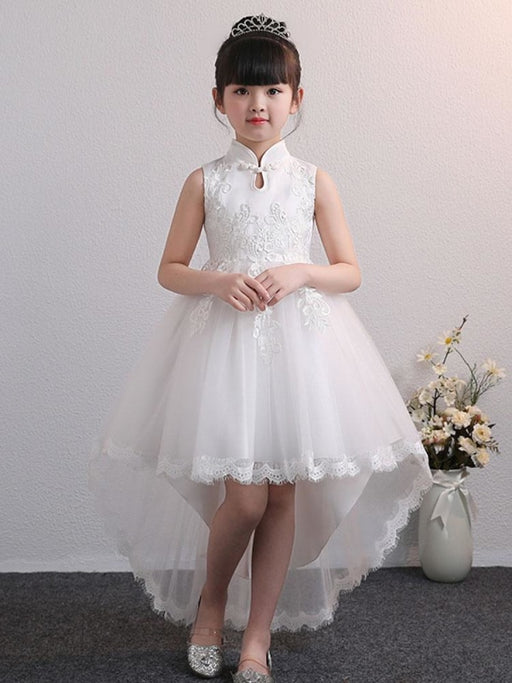 Flower Girl Dresses Designed Neckline Tulle Sleeveless Knee Length High Low Princess Silhouette Embroidered Kids Party Dresses