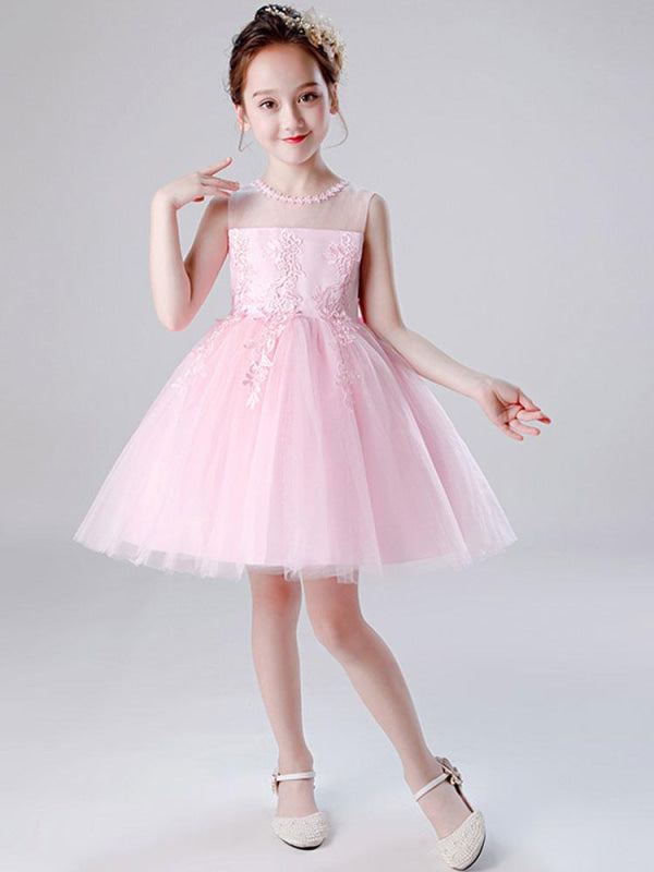 Flower Girl Dresses Jewel Neck Tulle Sleeveless Knee Length Princess Silhouette Embroidered Kids Social Party Dresses