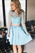 Two Piece Long Sleeve Light Sky Blue Homecoming Dresses Cute Beaded Short Prom Dress - Prom Dresses